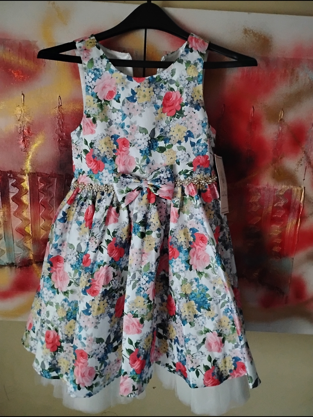 Girls Floral Party Dress with Bow in White and Pink